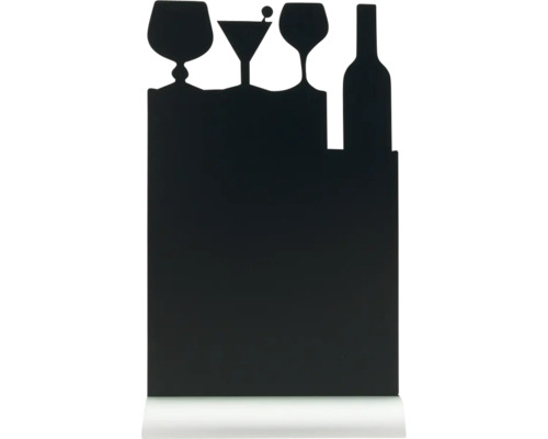 Tischkreidetafel mit Fuß Form Cocktail schwarz 34,5x21x6 cm inkl. Kreidestift Schiefertafel mit Glas- und Flaschenmotiven für Notizen