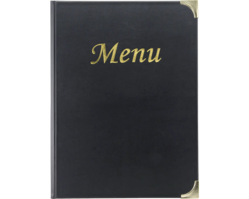 Carte de menu noire avec inscription et coins métalliques