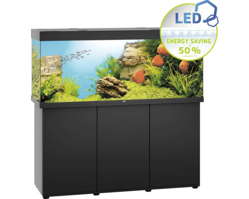 Schwarzes Aquarium mit Unterschrank, Fischen und Pflanzen