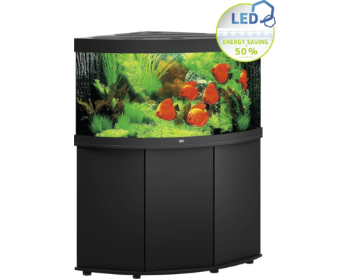 Aquarium d''angle avec meuble bas, planté et avec poissons, avec indication d''économie d''énergie LED