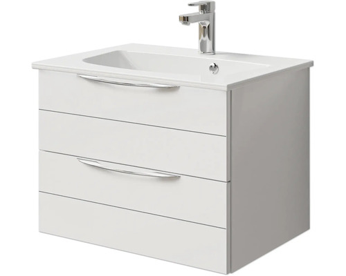 Meuble sous-lavabo avec deux tiroirs, lavabo à poser et robinetterie
