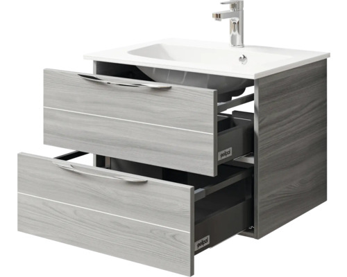Meuble sous-lavabo avec deux tiroirs, lavabo à poser et robinetterie