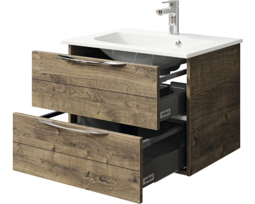 Meuble sous-lavabo avec deux tiroirs ouverts et lavabo à poser