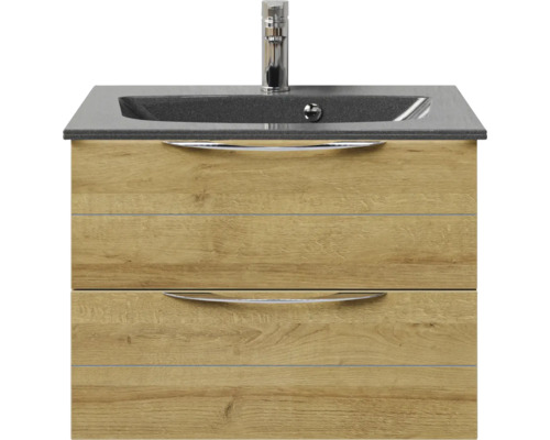 Badmöbel-Set Pelipal Sunline 300 BxHxT 67 x 49,9 x 48 cm Frontfarbe eiche riviera Badmöbelset 2-teilig mit Waschtisch Mineralmarmor grau-metallic Waschtischunterschrank mit zwei Schubladen, Waschtisch und Armatur