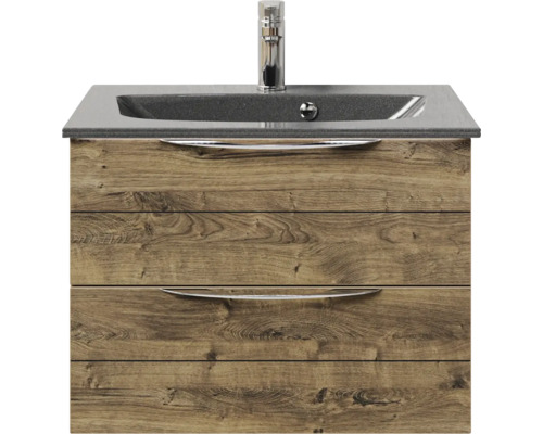Badmöbel-Set Pelipal Sunline 300 BxHxT 67 x 49,9 x 48 cm Frontfarbe eiche ribbeck Badmöbelset 2-teilig mit Waschtisch Mineralmarmor grau-metallic Waschtischunterschrank mit zwei Schubladen, Waschbecken und Armatur