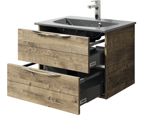 Meuble sous-lavabo avec deux tiroirs ouverts et lavabo