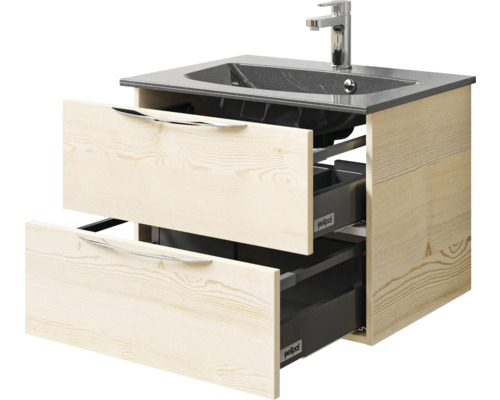 Meuble sous-lavabo avec deux tiroirs, lavabo et robinet