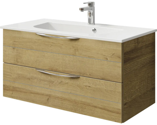 Meuble sous-lavabo avec deux tiroirs, lavabo et robinet