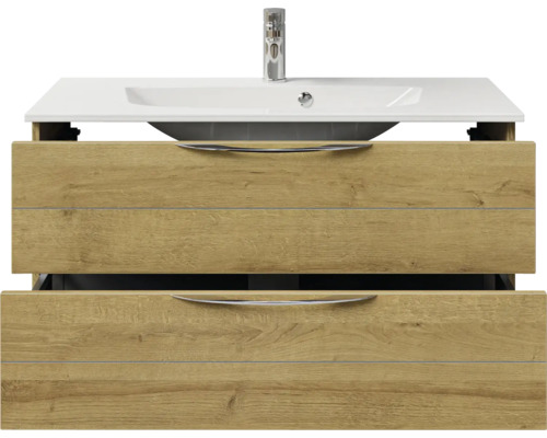 Meuble sous-lavabo avec deux tiroirs, lavabo et robinetterie