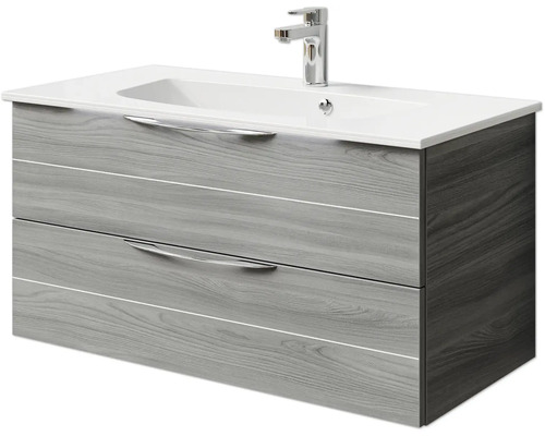 Meuble de salle de bains 2 pièces Pelipal Sunline 300 97 x 49,9 x 48 cm façade gris sangallo décor bois avec vasque en marbre minéral