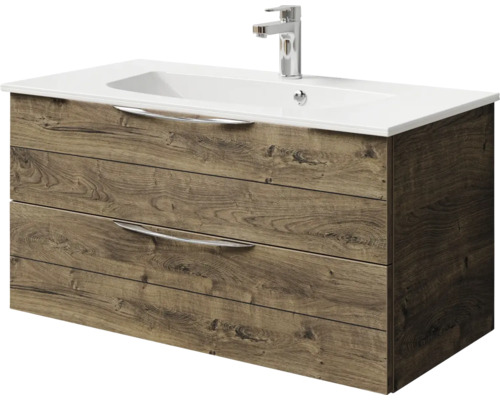 Meuble sous-lavabo avec deux tiroirs, lavabo et robinet