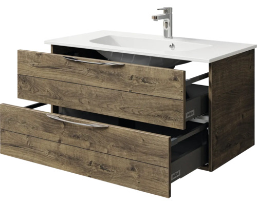 Meuble sous-lavabo avec deux tiroirs, décor bois et lavabo en céramique
