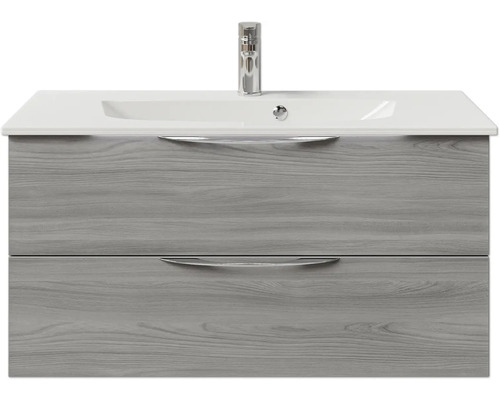 Meuble de salle de bains 2 pièces Pelipal Sunline 300 97 x 49,9 x 48 cm façade gris décor bois avec vasque en marbre minéral