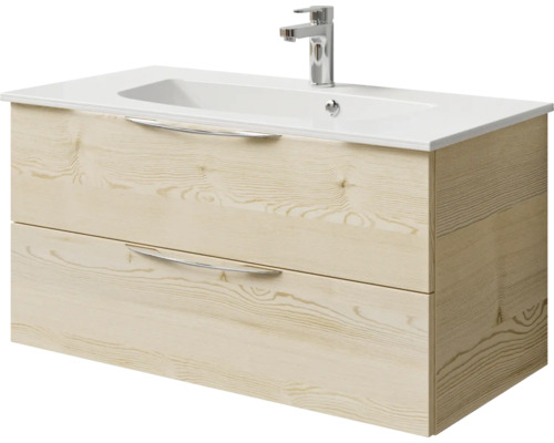 Meuble sous-lavabo avec deux tiroirs, lavabo à poser et robinet