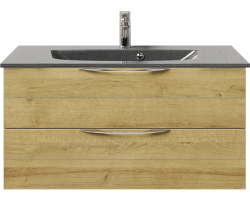 Badmöbel-Set Pelipal Sunline 300 BxHxT 97 x 49,9 x 48 cm Frontfarbe eiche riviera Badmöbelset 2-teilig mit Waschtisch Mineralmarmor grau-metallic Waschtischunterschrank mit zwei Schubladen, Waschtisch und Armatur