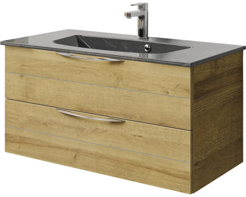 Meuble sous-lavabo avec deux tiroirs, lavabo et robinet