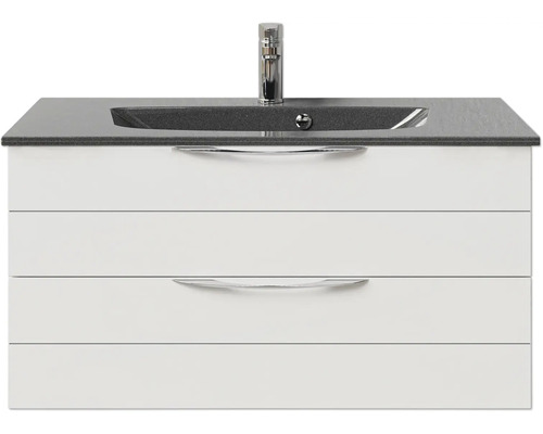 Badmöbel-Set Pelipal Sunline 300 BxHxT 97 x 49,9 x 48 cm Frontfarbe weiß hochglanz Badmöbelset 2-teilig mit Waschtisch Mineralmarmor grau-metallic Waschtischunterschrank mit zwei Schubladen, Waschtisch und Armatur