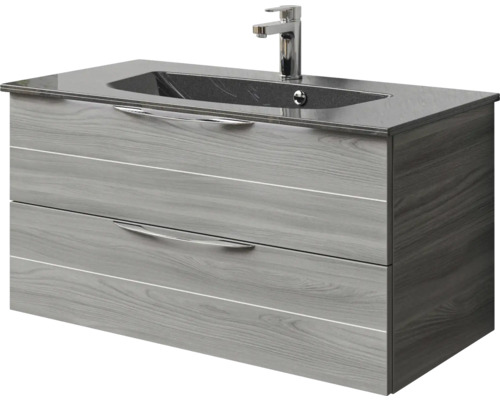 Meuble sous-lavabo avec deux tiroirs, vasque à poser et robinet