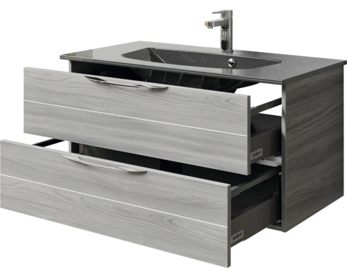 Meuble sous-lavabo avec deux tiroirs, lavabo et robinetterie