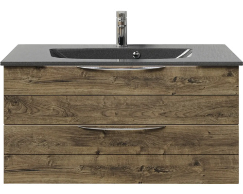 Badmöbel-Set Pelipal Sunline 300 BxHxT 97 x 49,9 x 48 cm Frontfarbe eiche ribbeck Badmöbelset 2-teilig mit Waschtisch Mineralmarmor grau-metallic Waschtischunterschrank mit zwei Schubladen, Waschbecken und Armatur
