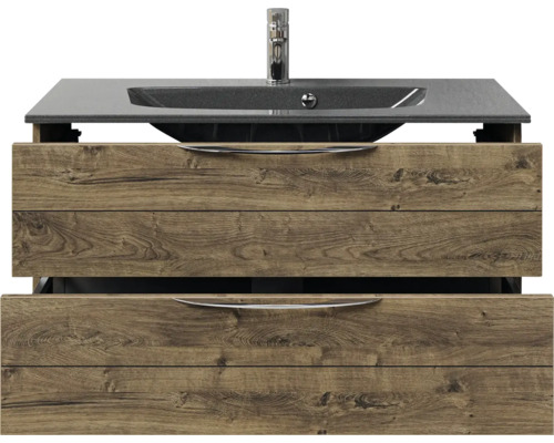 Meuble sous-vasque avec deux tiroirs, lavabo et robinet