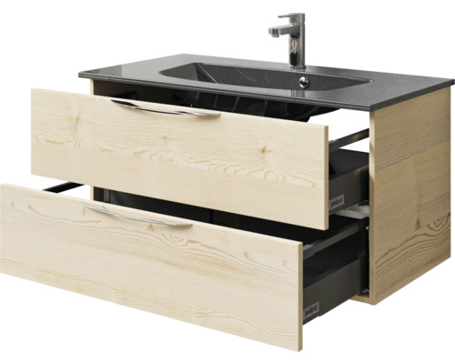 Meuble sous-lavabo avec deux tiroirs ouverts, lavabo en céramique et robinetterie
