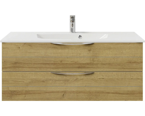 Meuble de salle de bains 2 pièces Pelipal Sunline 300 117 x 49,9 x 48 cm façade chêne riviera décor bois avec vasque en marbre minéral