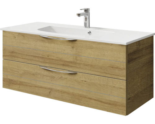 Meuble sous-vasque avec deux tiroirs, lavabo et robinet