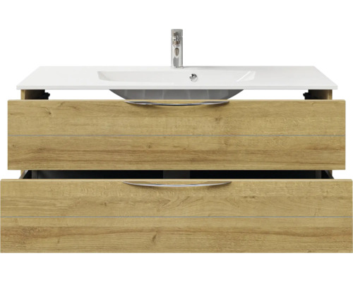 Meuble sous-lavabo avec deux tiroirs, lavabo à poser et robinet