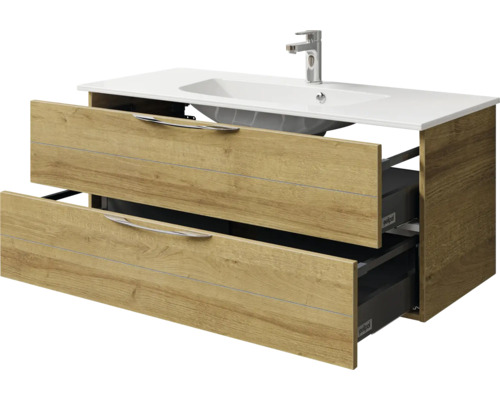 Meuble sous-lavabo avec deux tiroirs, robinetterie et lavabo