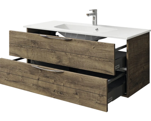 Meuble sous-lavabo avec deux tiroirs, lavabo et robinet