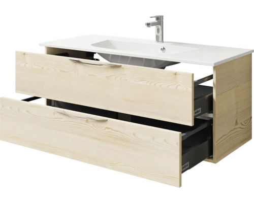 Meuble sous-lavabo avec deux tiroirs ouverts sous un lavabo et un robinet