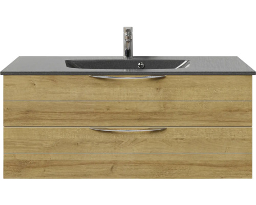 Badmöbel-Set Pelipal Sunline 300 BxHxT 117 x 49,9 x 48 cm Frontfarbe eiche riviera Badmöbelset 2-teilig mit Waschtisch Mineralmarmor grau-metallic Waschtischunterschrank mit Waschbecken und Armatur