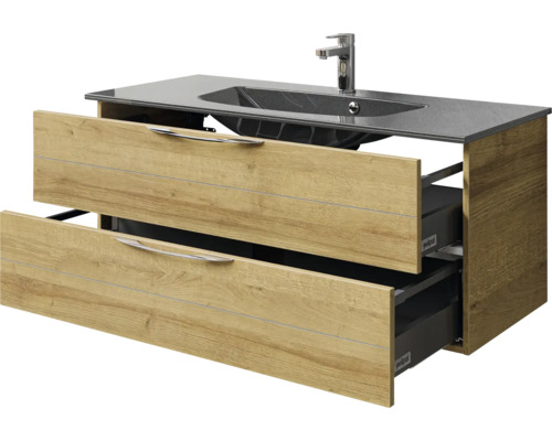 Meuble sous-lavabo avec deux tiroirs ouverts et lavabo