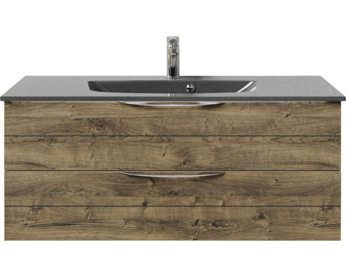 Badmöbel-Set Pelipal Sunline 300 BxHxT 117 x 49,9 x 48 cm Frontfarbe eiche ribbeck Badmöbelset 2-teilig mit Waschtisch Mineralmarmor grau-metallic Waschtischunterschrank mit zwei Schubladen, Waschbecken und Armatur