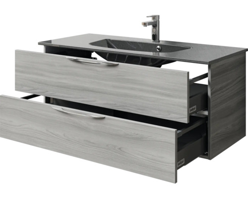Meuble sous-lavabo avec deux tiroirs ouverts et vasque à poser