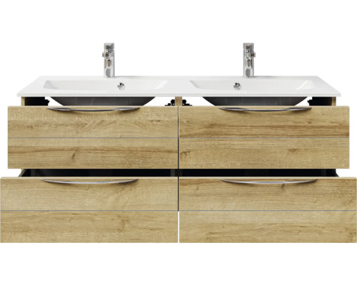 Meuble sous-vasque avec deux lavabos et quatre tiroirs en aspect bois