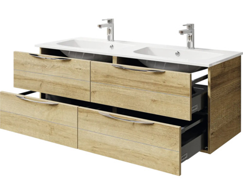 Meuble sous-vasque avec deux lavabos et tiroirs