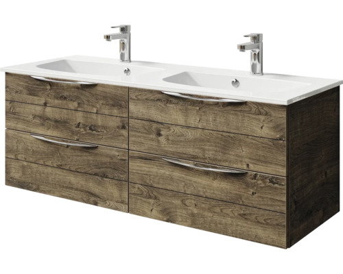 Meuble sous-vasque avec deux lavabos et quatre tiroirs aspect bois