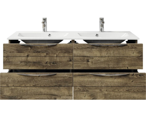 Meuble sous-lavabo avec deux vasques et quatre tiroirs aspect bois