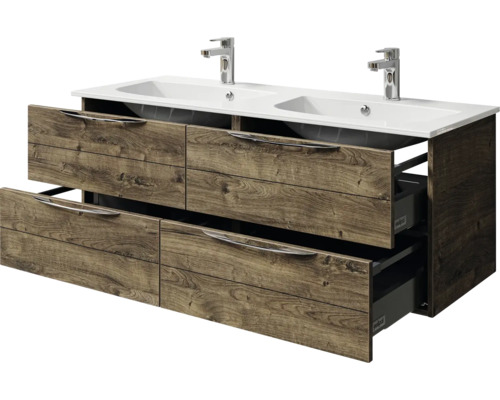 Meuble sous-vasque avec double vasque et tiroir ouvert