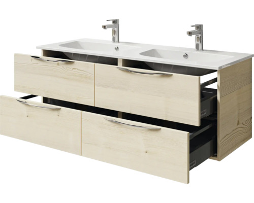 Meuble-lavabo avec deux vasques, meuble bas en bois et tiroirs