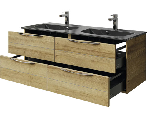 Meuble sous-vasque avec deux lavabos et tiroirs