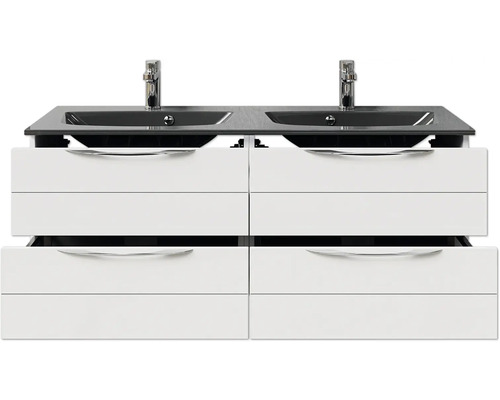 Meuble sous-lavabo avec deux lavabos et plusieurs tiroirs