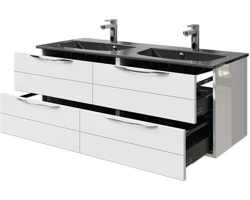 Meuble sous-vasque double avec lavabos, robinets et tiroirs