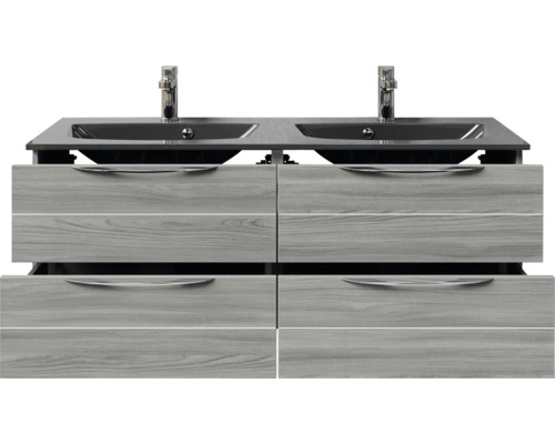 Meuble sous-vasque avec deux lavabos et tiroirs à décor bois
