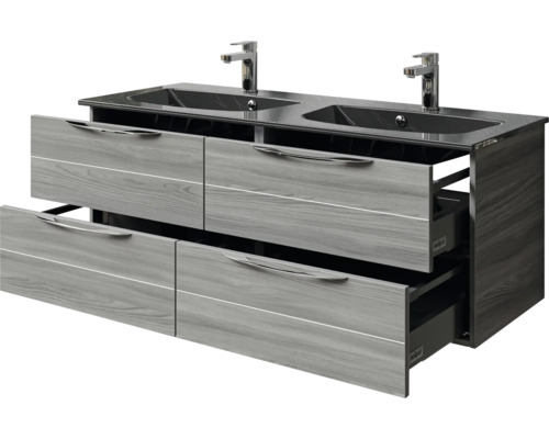 Meuble-lavabo avec deux lavabos et tiroirs à décor bois