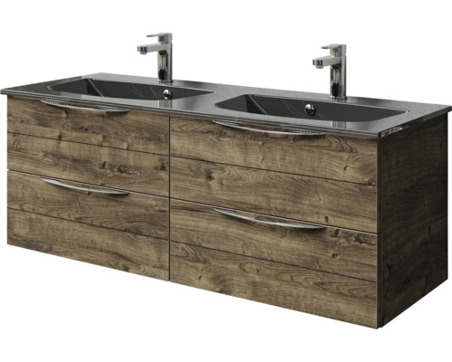 Meuble sous-vasque avec deux lavabos et quatre tiroirs aspect bois