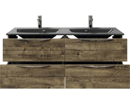 Meuble-lavabo avec deux vasques et quatre tiroirs imitation bois