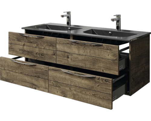 Meuble-lavabo avec deux lavabos et structure en bois avec tiroirs